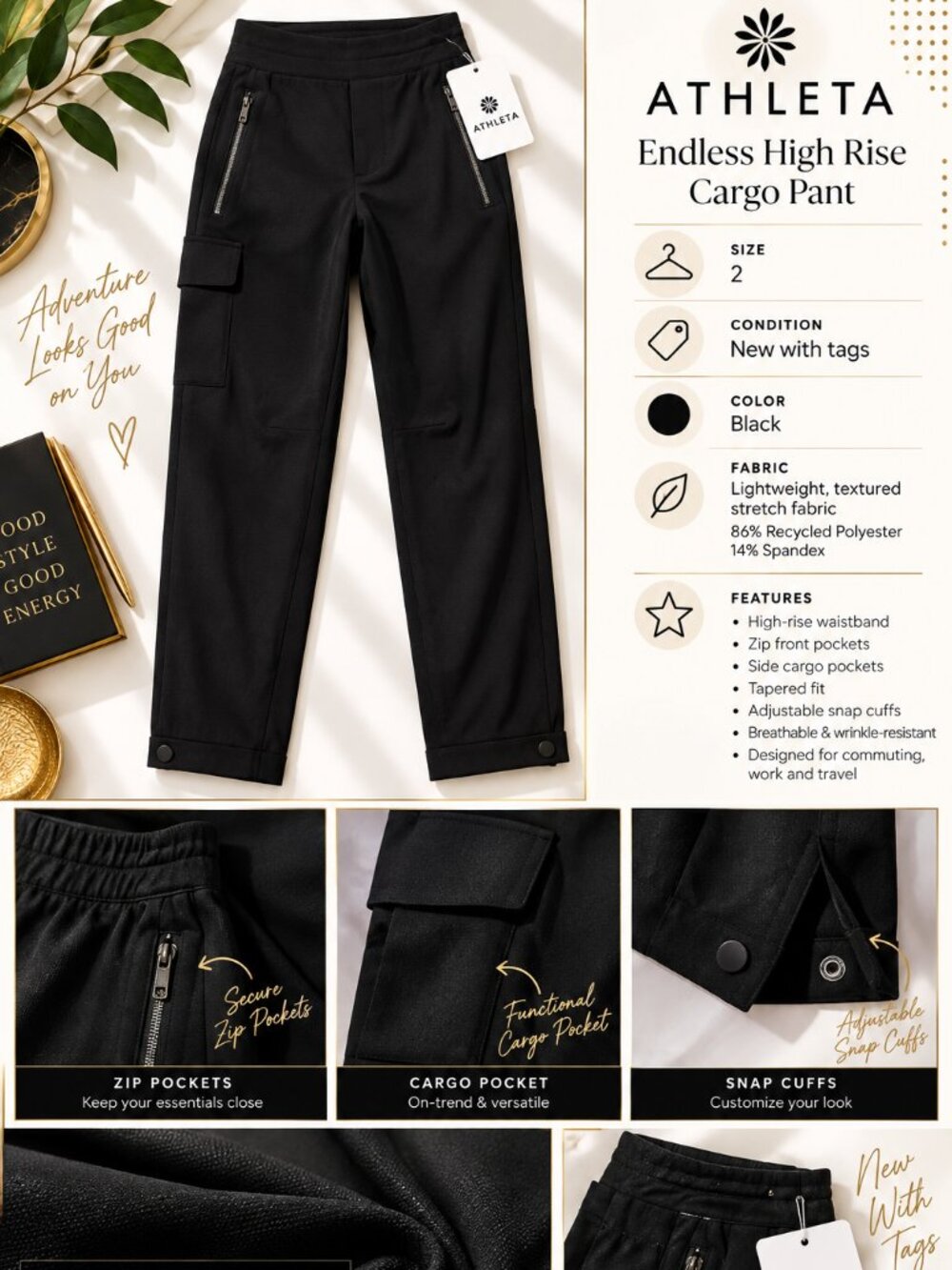 Womens Athleta Endless High Rise Cargo Stretch Pant Size 2 NWT Black